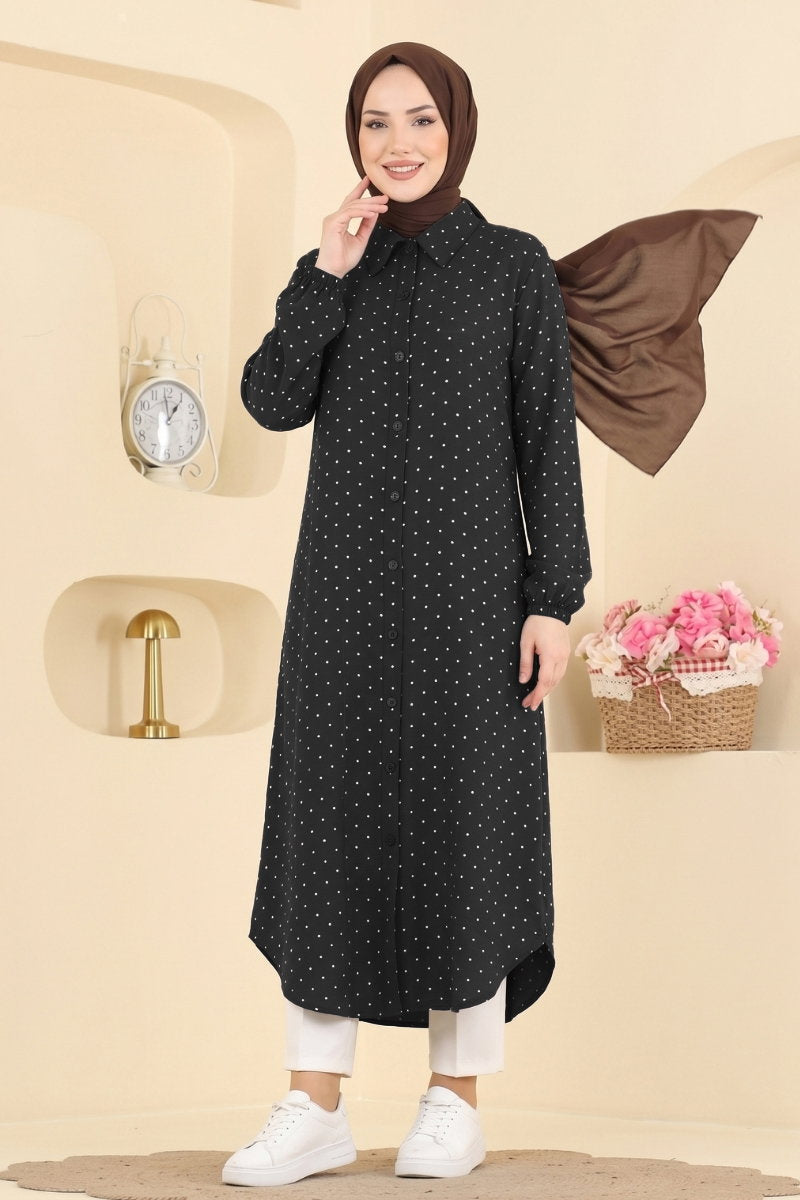 Shirt-Collar Woven Tunic - Black