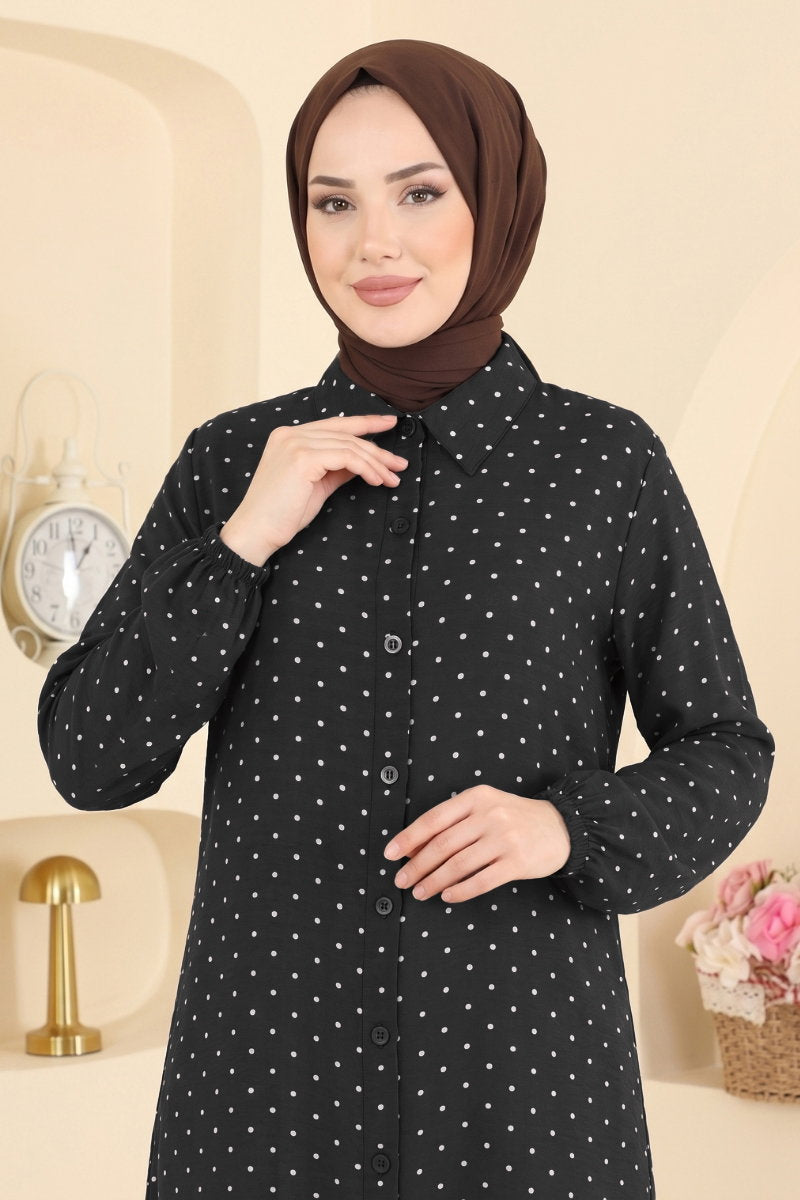 Shirt-Collar Woven Tunic - Black