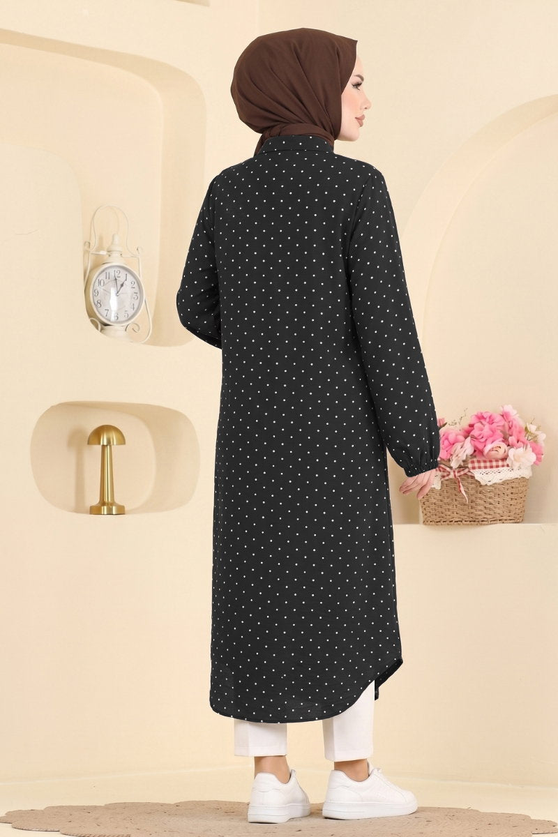 Shirt-Collar Woven Tunic - Black