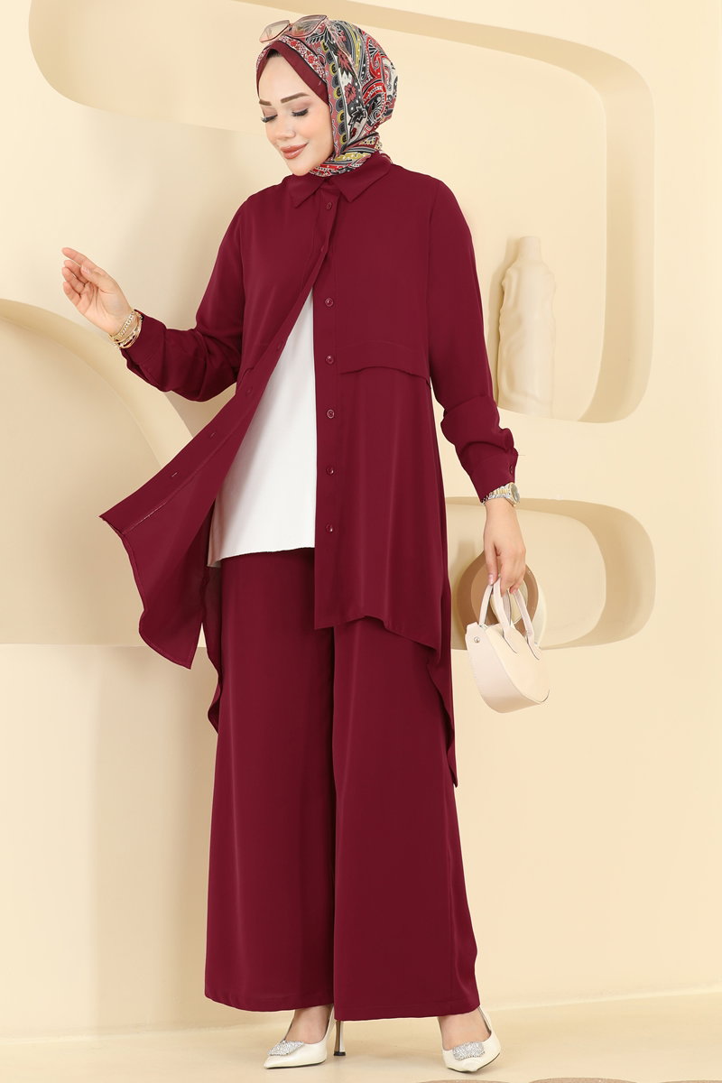 Shirt-Collar Two-Piece Button Set - Burgundy