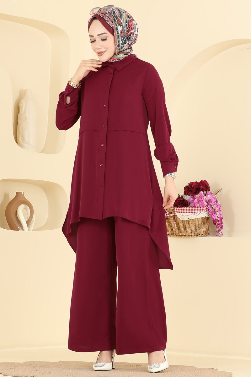 Shirt-Collar Two-Piece Button Set - Burgundy