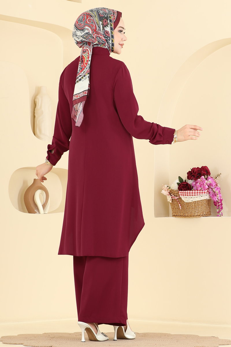 Shirt-Collar Two-Piece Button Set - Burgundy