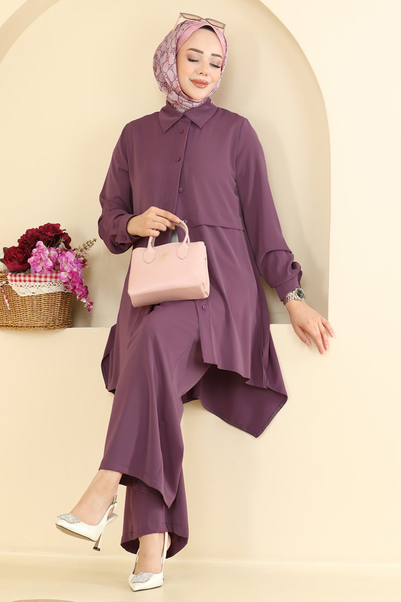 Shirt-Collar Two-Piece Button Set - Dark Lilac