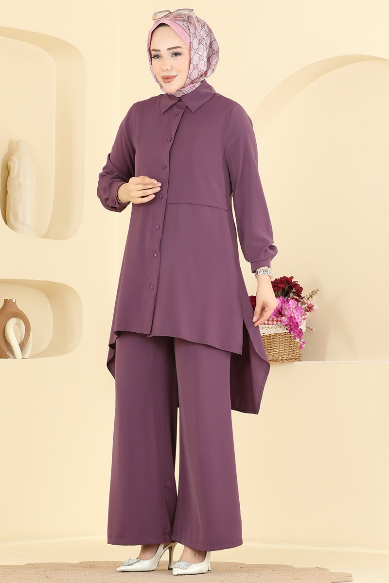 Shirt-Collar Two-Piece Button Set - Dark Lilac