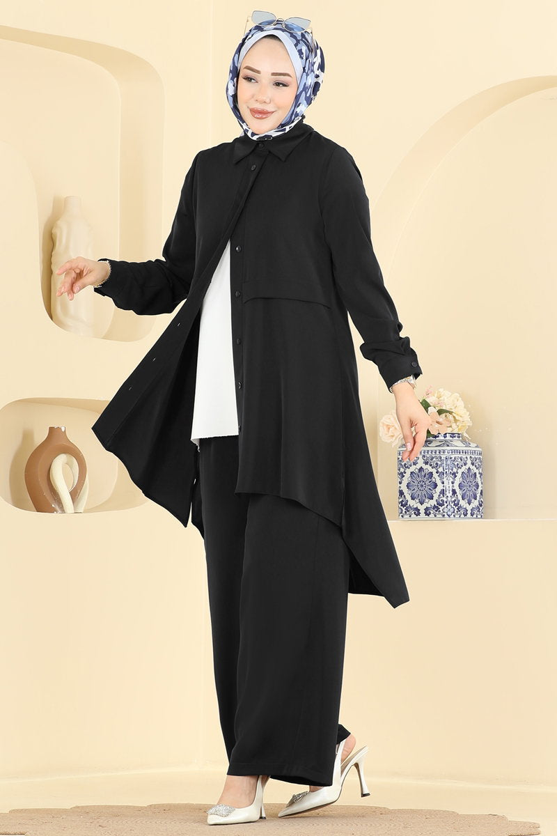 Shirt-Collar Two-Piece Button Set - Black