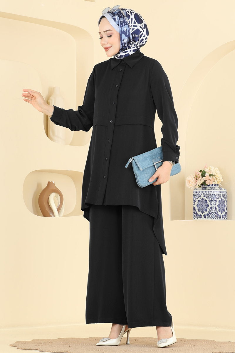 Shirt-Collar Two-Piece Button Set - Black