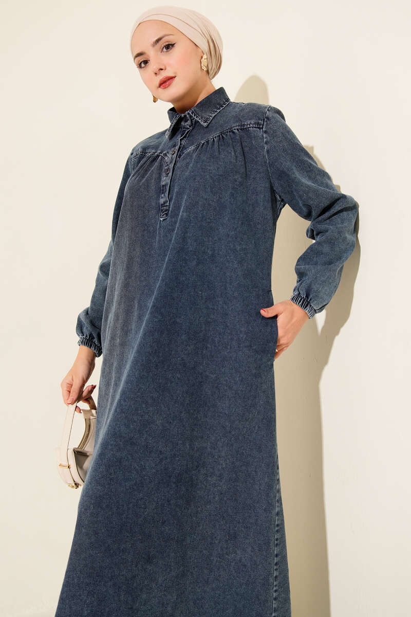 Shirt-Collar Button Denim Dress - Dark Blue