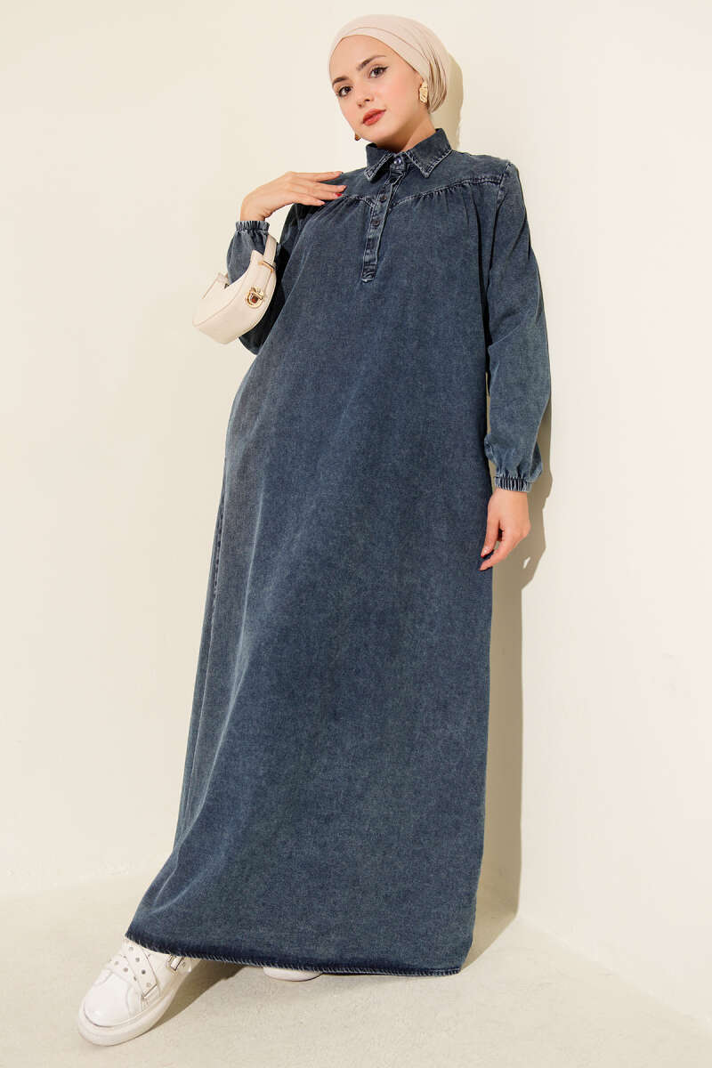 Shirt-Collar Button Denim Dress - Dark Blue
