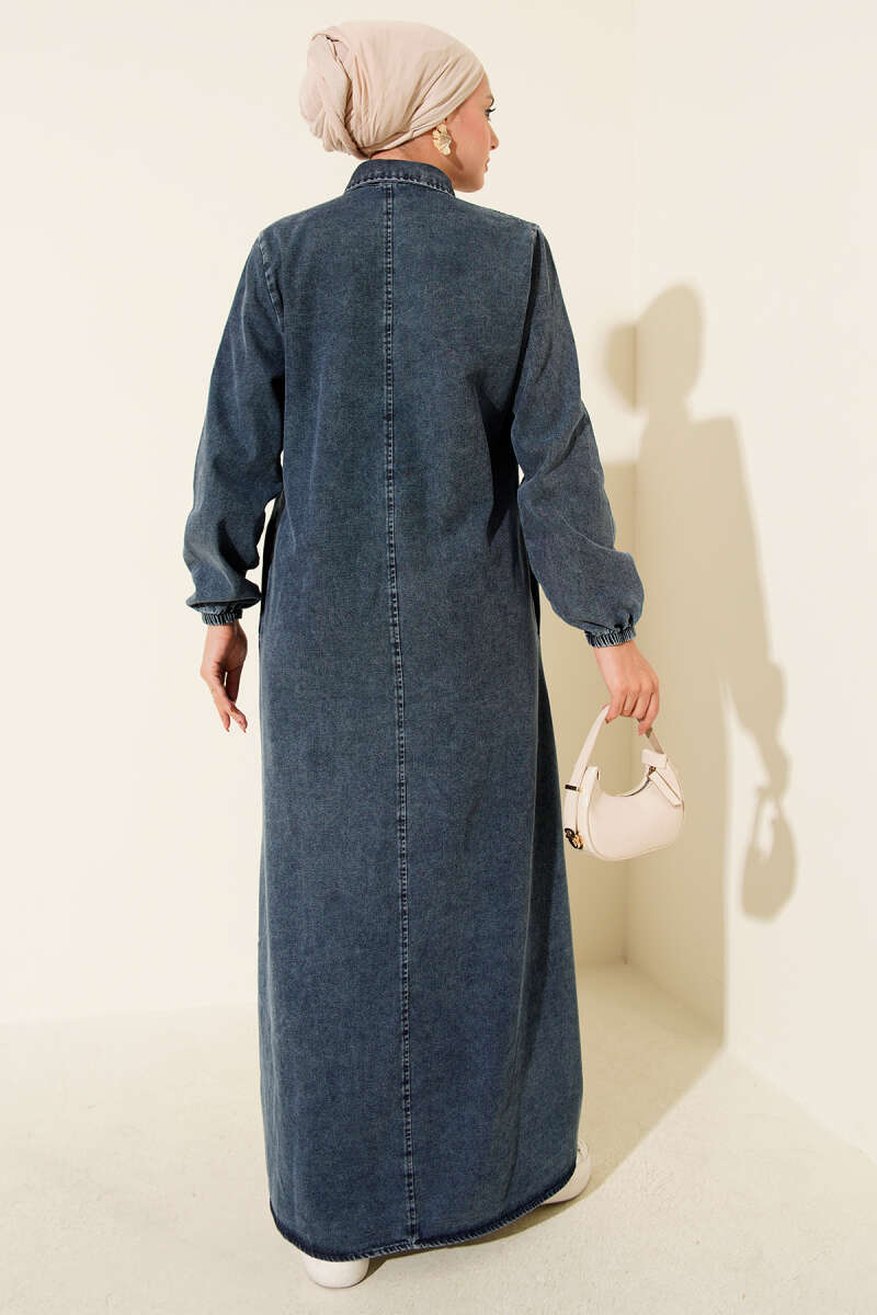 Shirt-Collar Button Denim Dress - Dark Blue