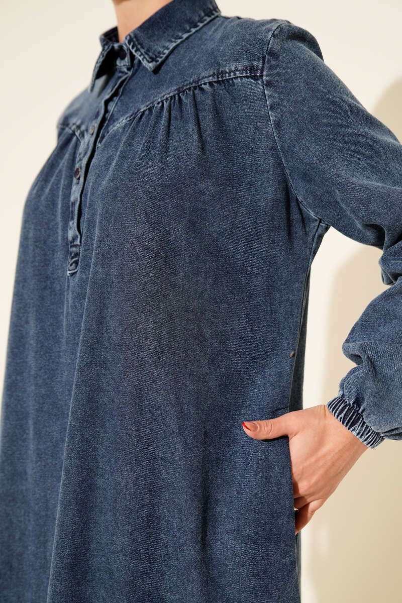 Shirt-Collar Button Denim Dress - Dark Blue
