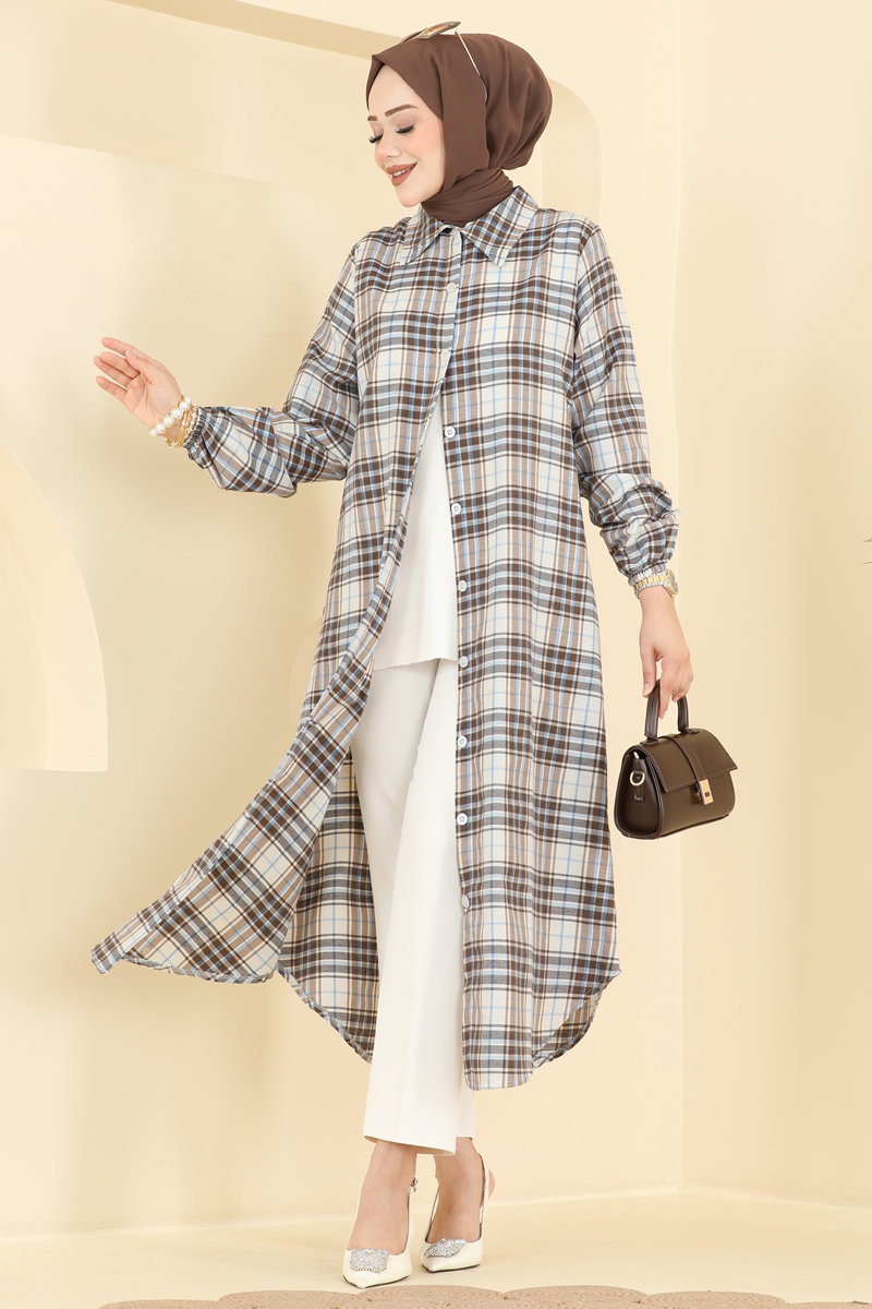 Shirt-Collar Plaid Tunic - Mink