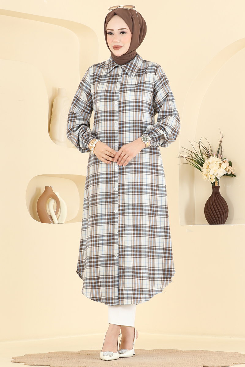 Shirt-Collar Plaid Tunic - Mink
