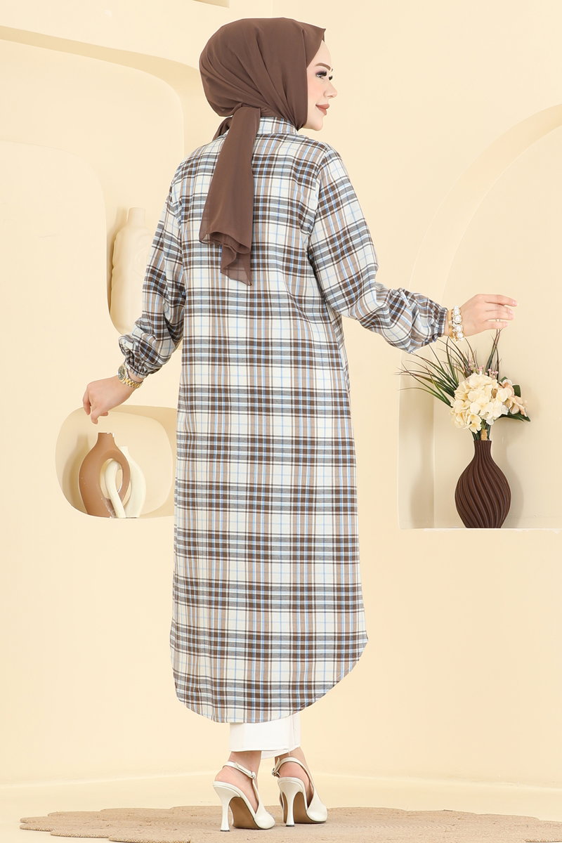 Shirt-Collar Plaid Tunic - Mink