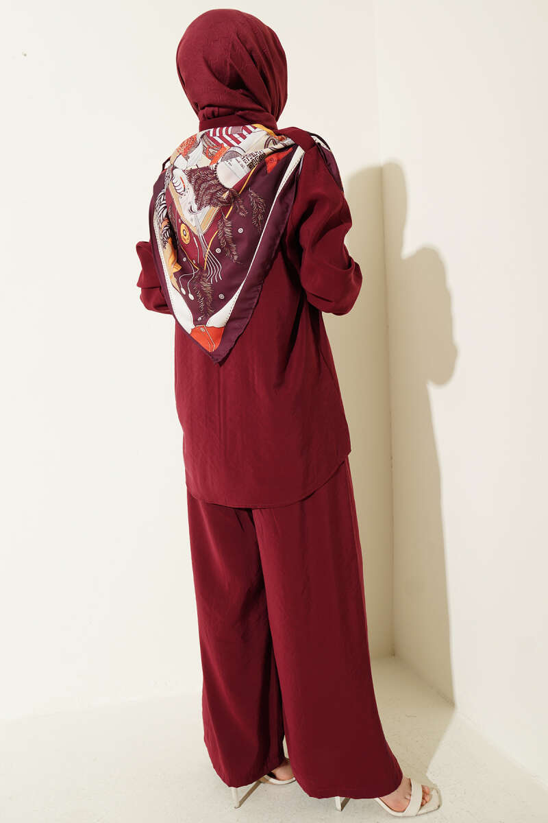 Shirt-Collar Two-Piece Set with Scarf - Burgundy
