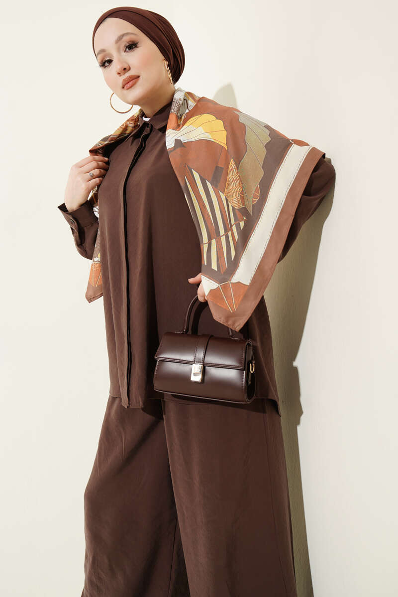 Shirt-Collar Two-Piece Set with Scarf - Brown