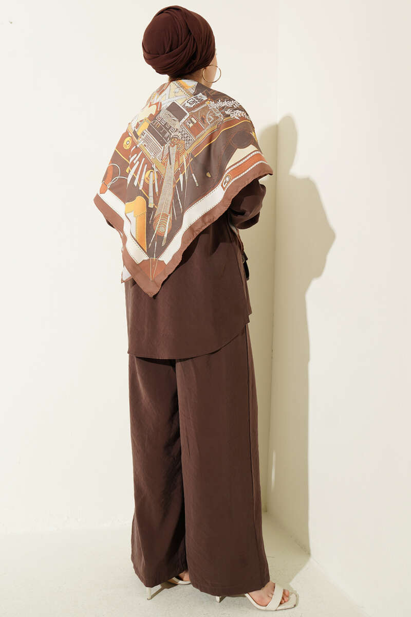 Shirt-Collar Two-Piece Set with Scarf - Brown