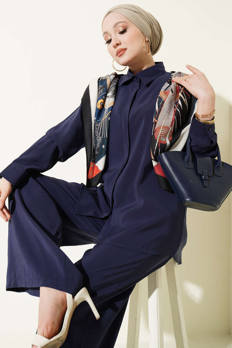 Shirt-Collar Two-Piece Set with Scarf - Navy