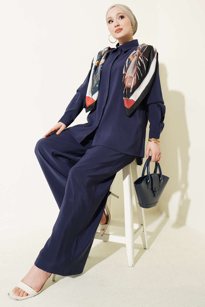 Shirt-Collar Two-Piece Set with Scarf - Navy