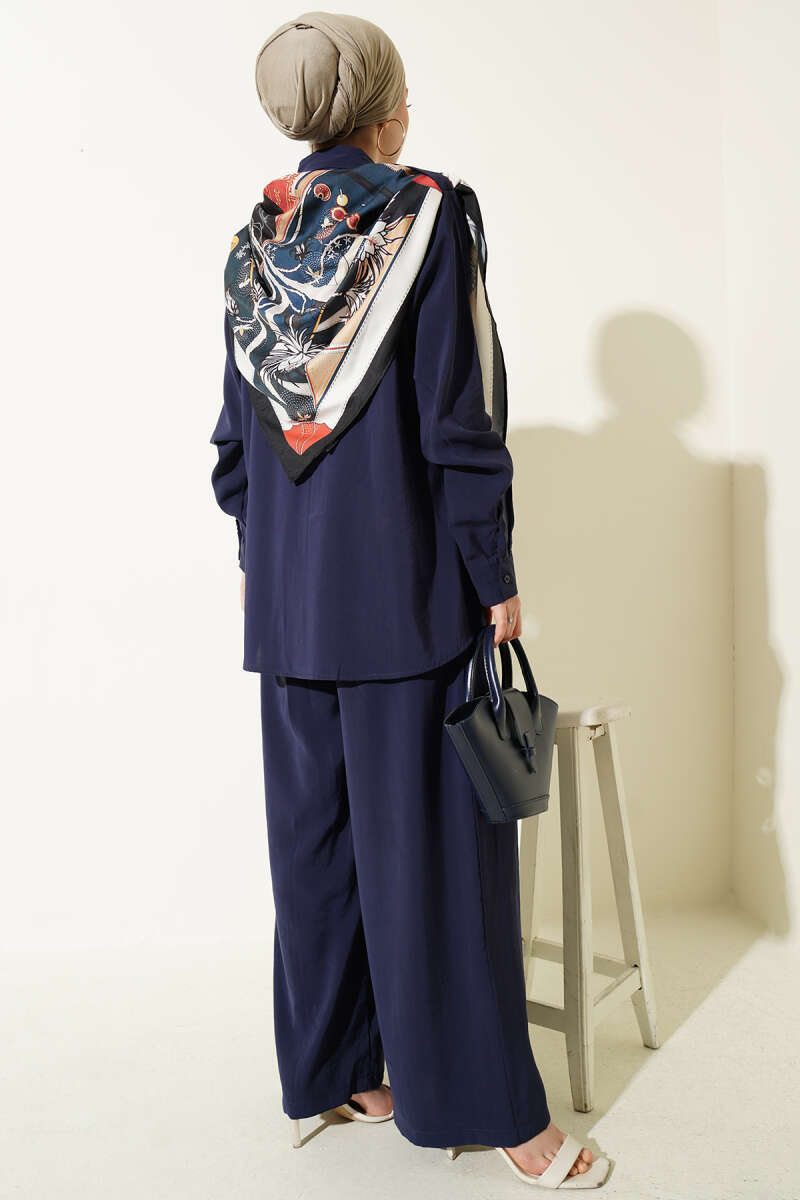 Shirt-Collar Two-Piece Set with Scarf - Navy