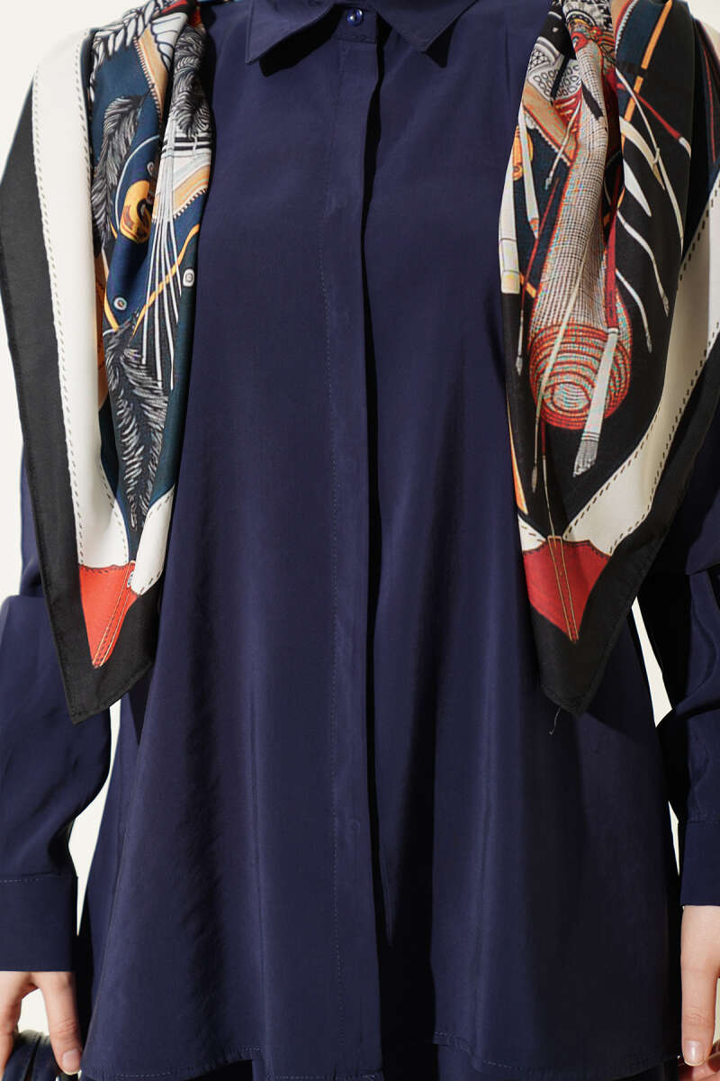 Shirt-Collar Two-Piece Set with Scarf - Navy