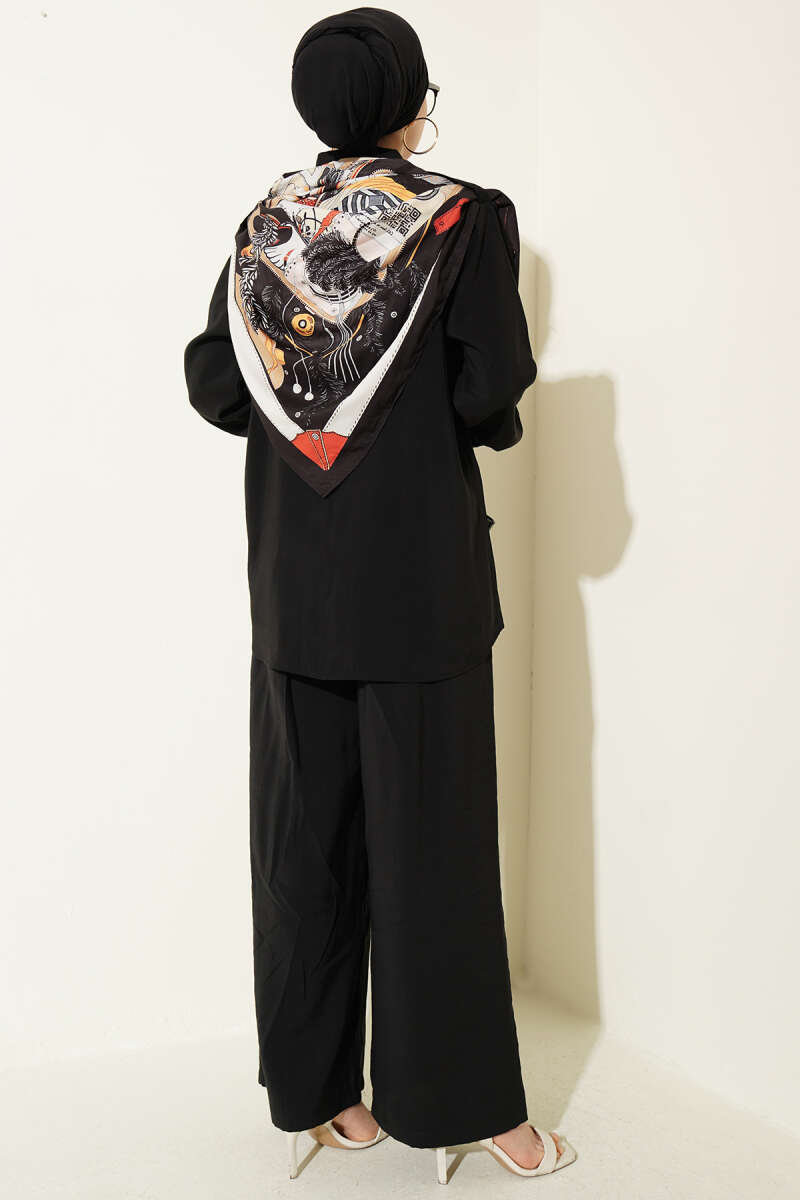 Shirt-Collar Two-Piece Set with Scarf - Black