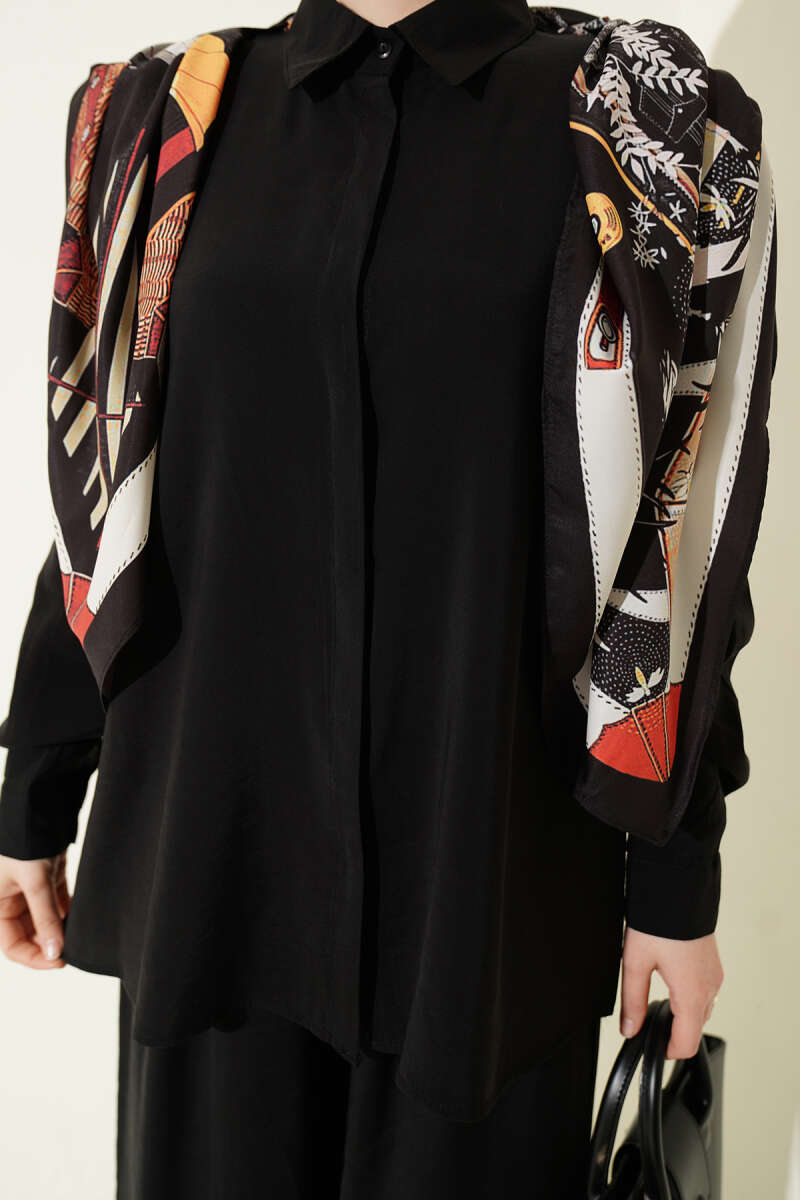 Shirt-Collar Two-Piece Set with Scarf - Black