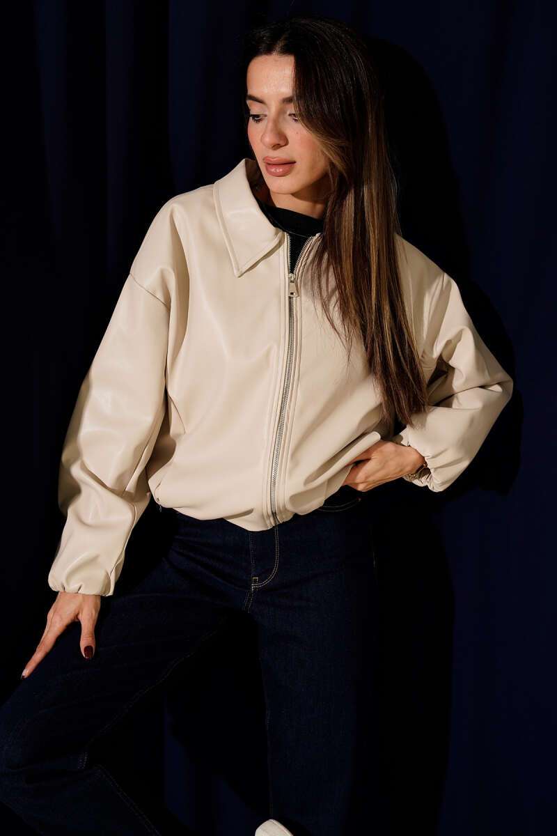 Shirt-Collar Faux Leather Zip Jacket - Beige