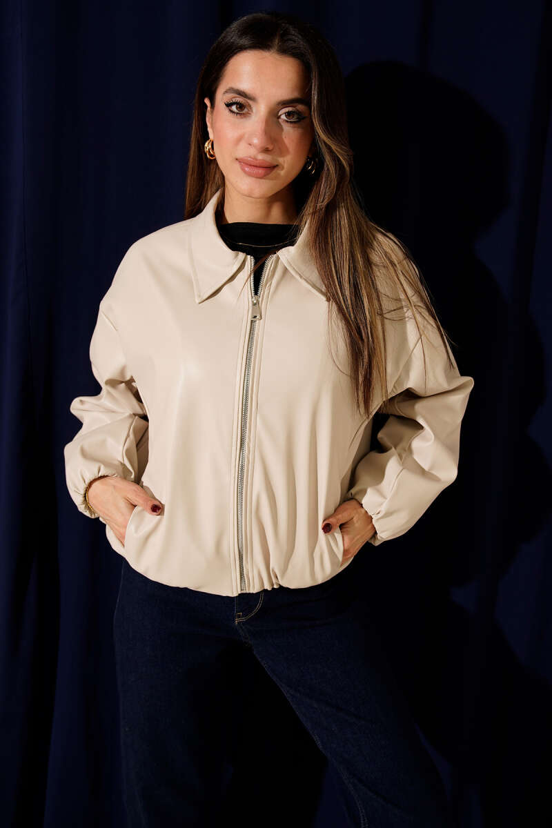Shirt-Collar Faux Leather Zip Jacket - Beige