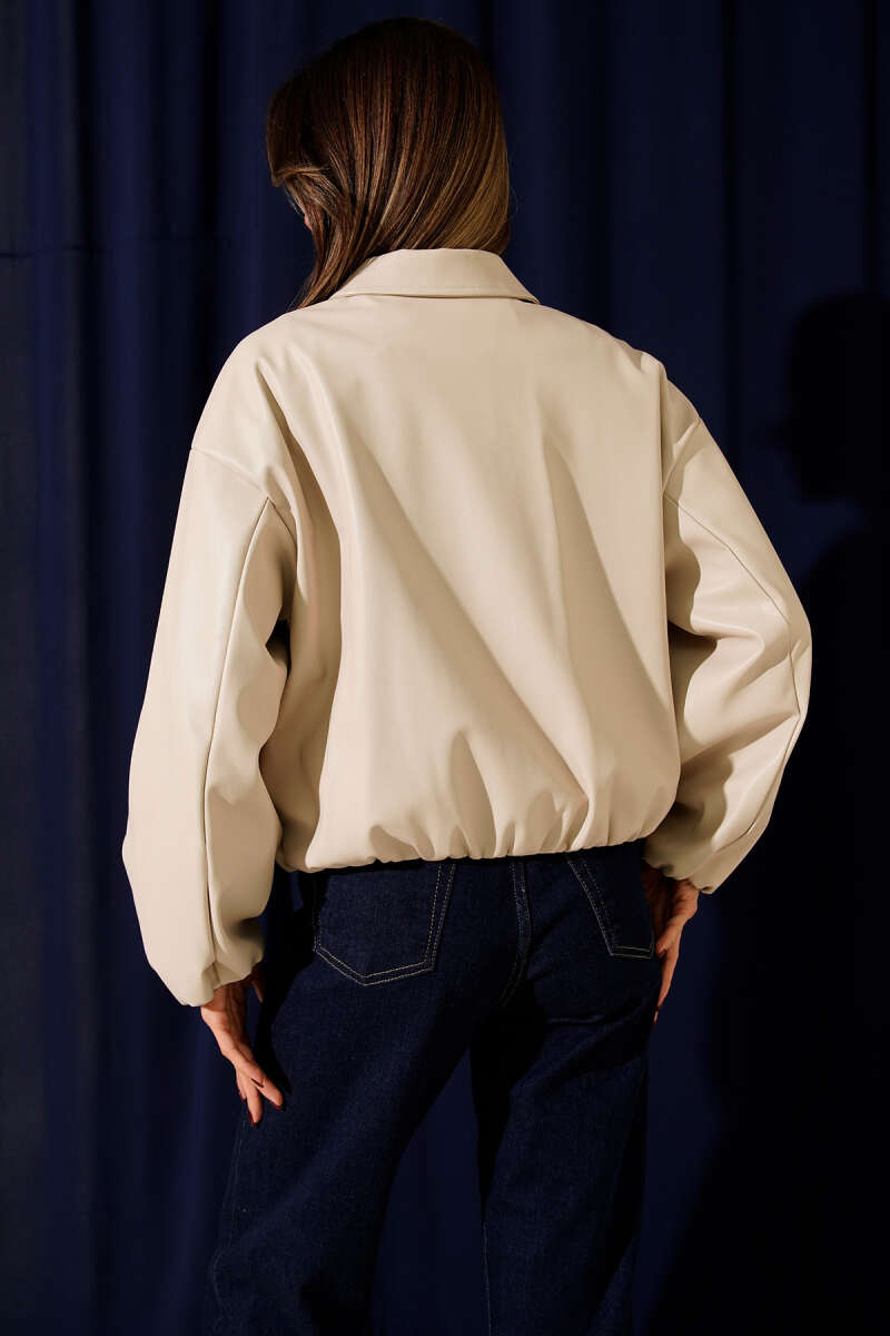 Shirt-Collar Faux Leather Zip Jacket - Beige