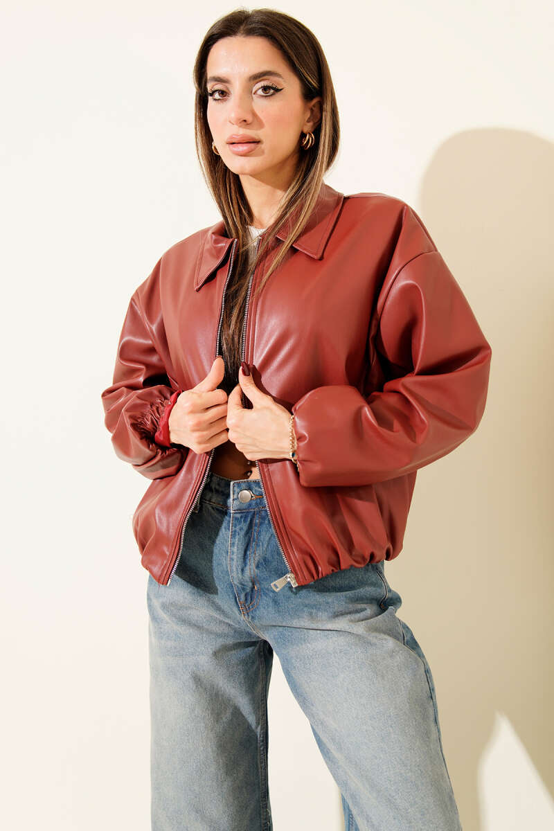 Shirt-Collar Faux Leather Zip Jacket - Burgundy