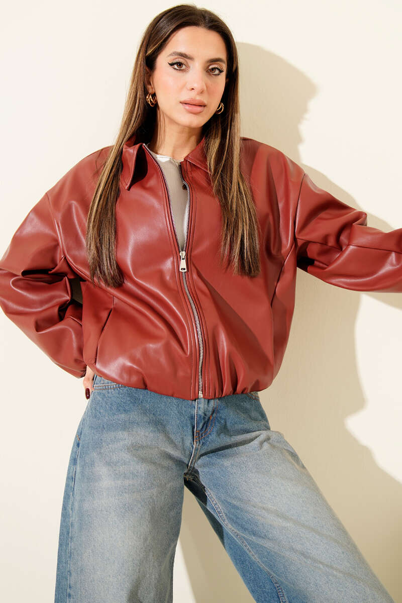 Shirt-Collar Faux Leather Zip Jacket - Burgundy