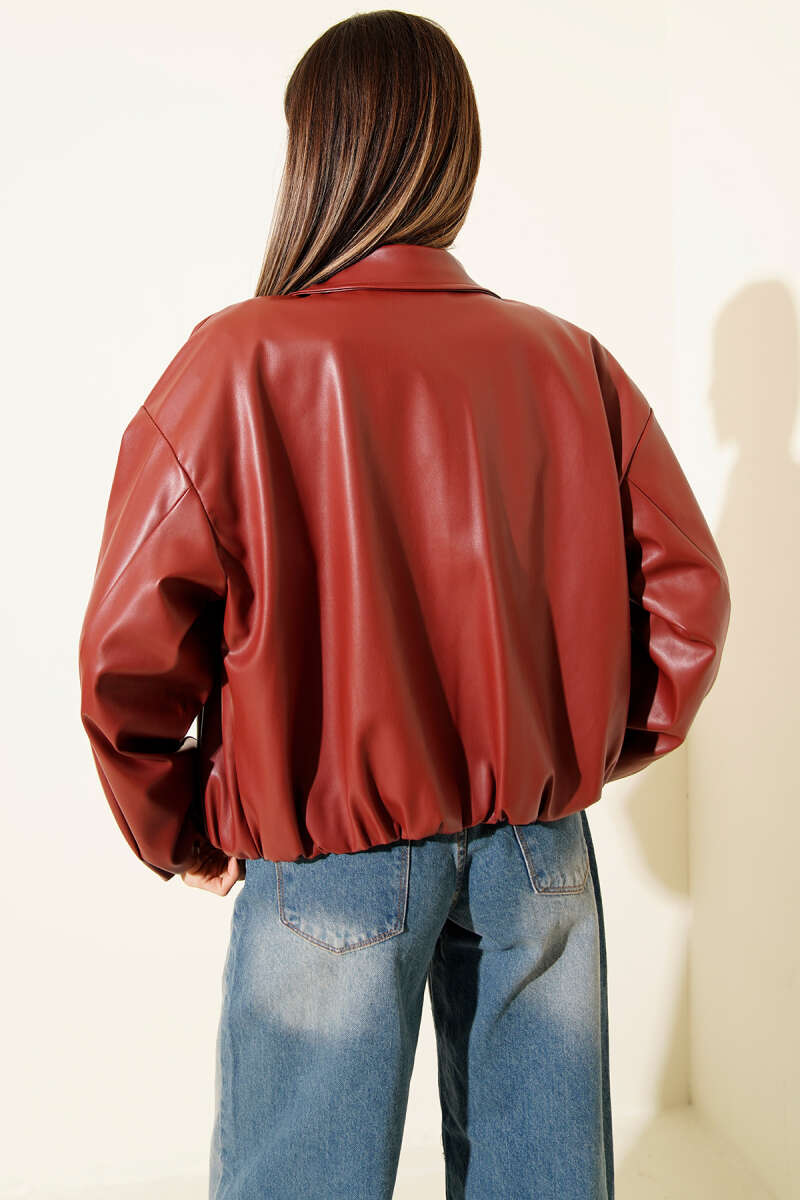 Shirt-Collar Faux Leather Zip Jacket - Burgundy