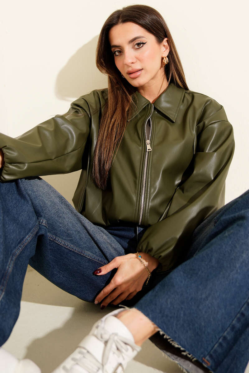 Shirt-Collar Faux Leather Zip Jacket - Khaki