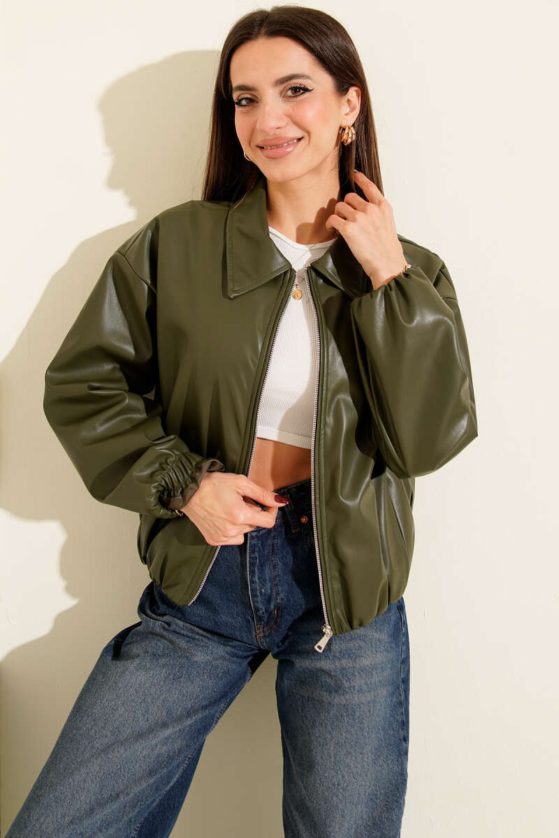 Shirt-Collar Faux Leather Zip Jacket - Khaki