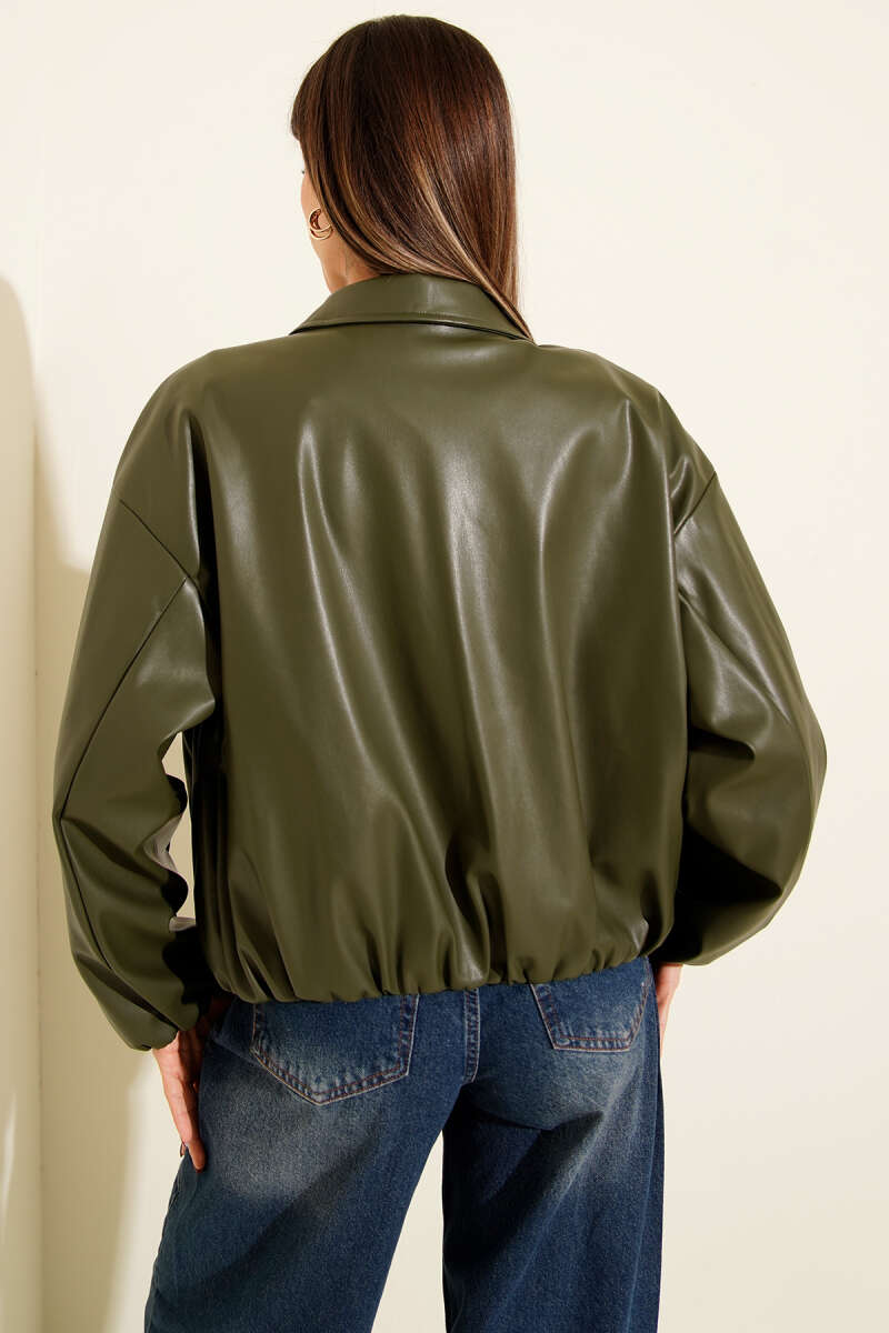 Shirt-Collar Faux Leather Zip Jacket - Khaki