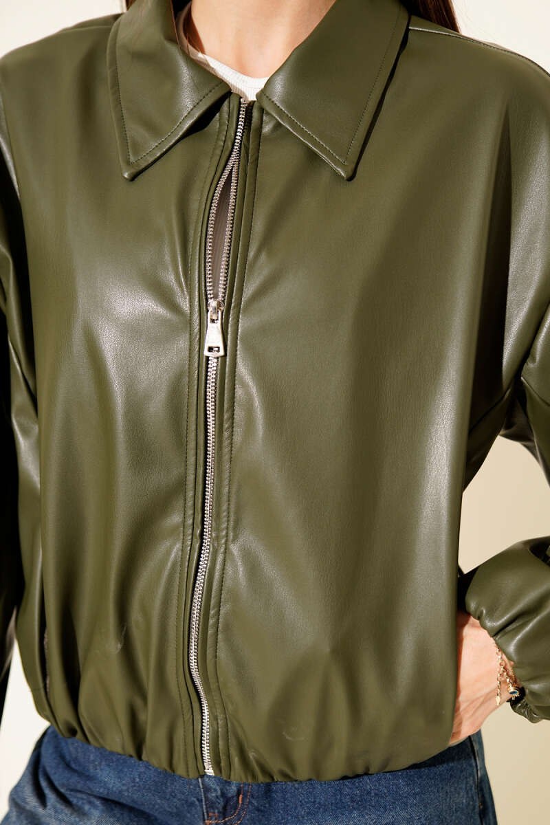 Shirt-Collar Faux Leather Zip Jacket - Khaki