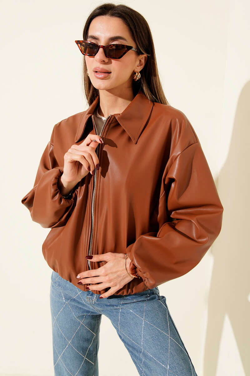 Shirt-Collar Faux Leather Zip Jacket - Tan