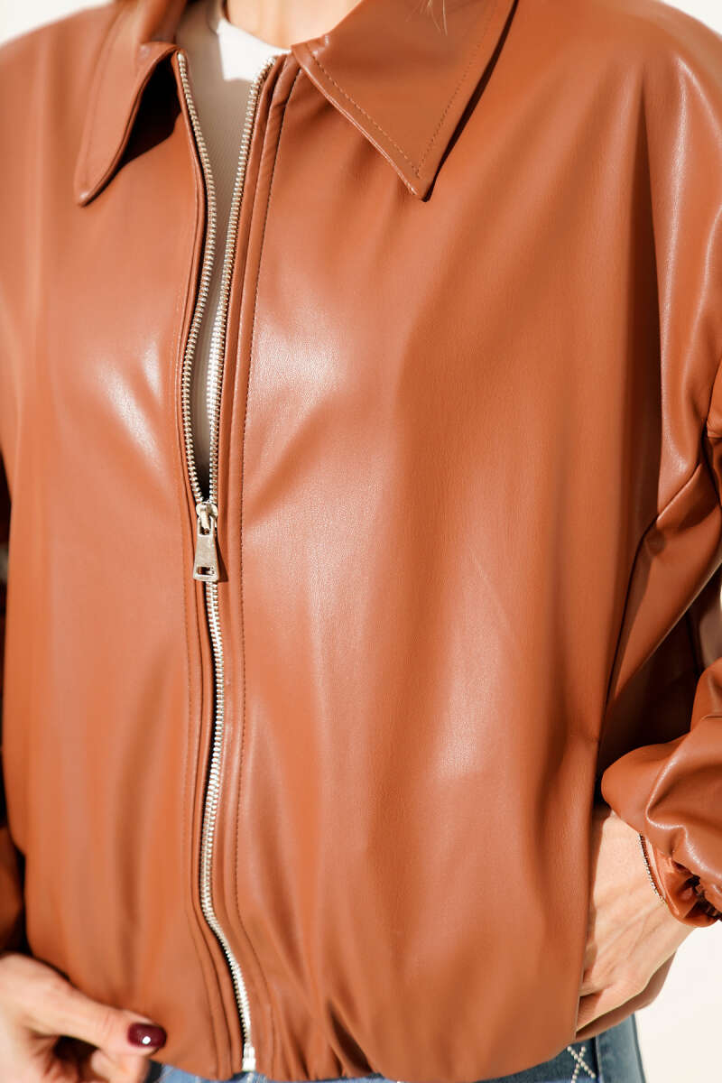 Shirt-Collar Faux Leather Zip Jacket - Tan