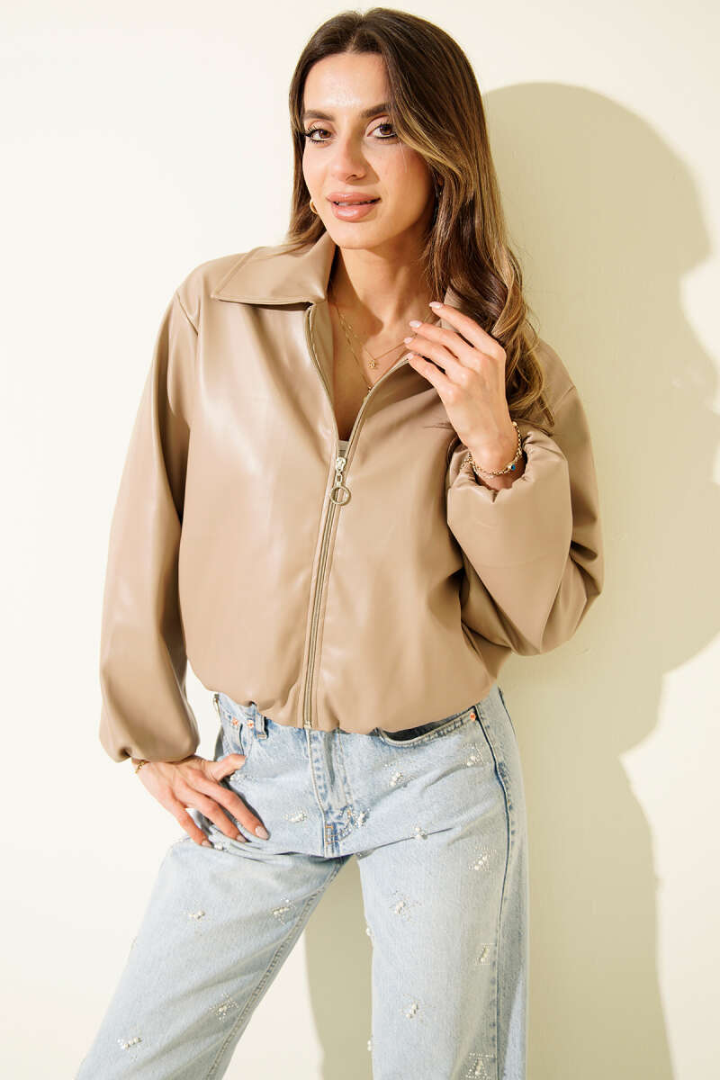 Short Shirt-Collar Faux Leather Zip Jacket - Beige