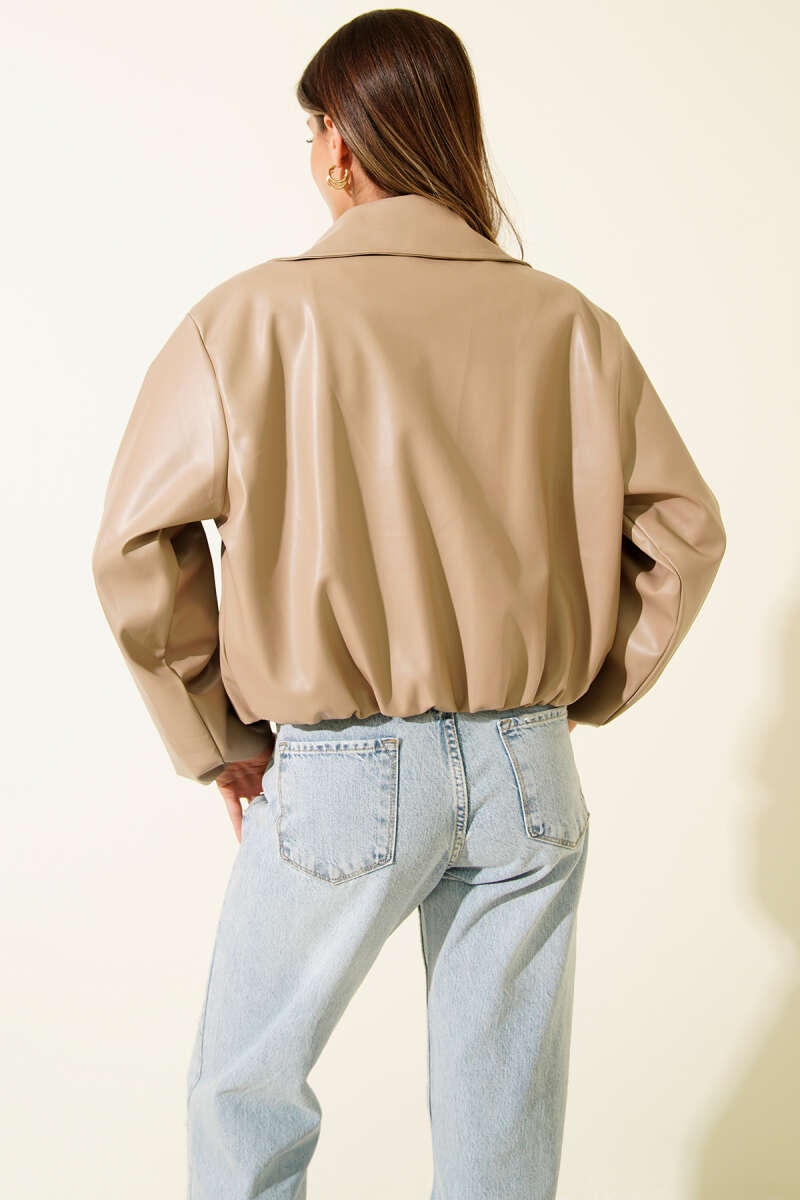 Short Shirt-Collar Faux Leather Zip Jacket - Beige