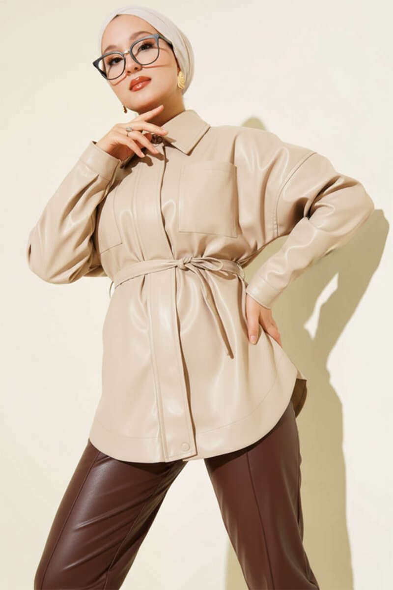 Shirt-Collar Faux Leather Jacket with Tie Belt - Beige