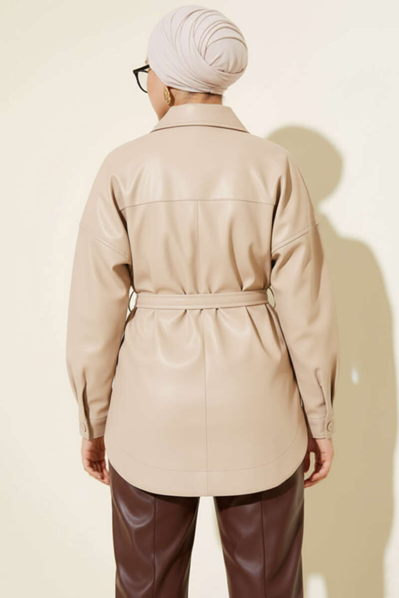Shirt-Collar Faux Leather Jacket with Tie Belt - Beige