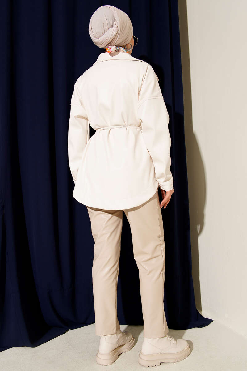 Shirt-Collar Faux Leather Jacket with Tie Belt - Ecru