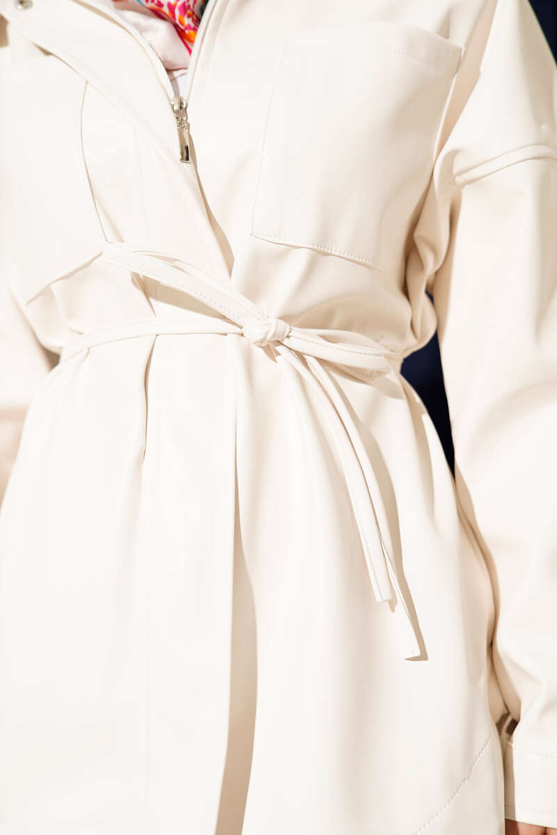 Shirt-Collar Faux Leather Jacket with Tie Belt - Ecru