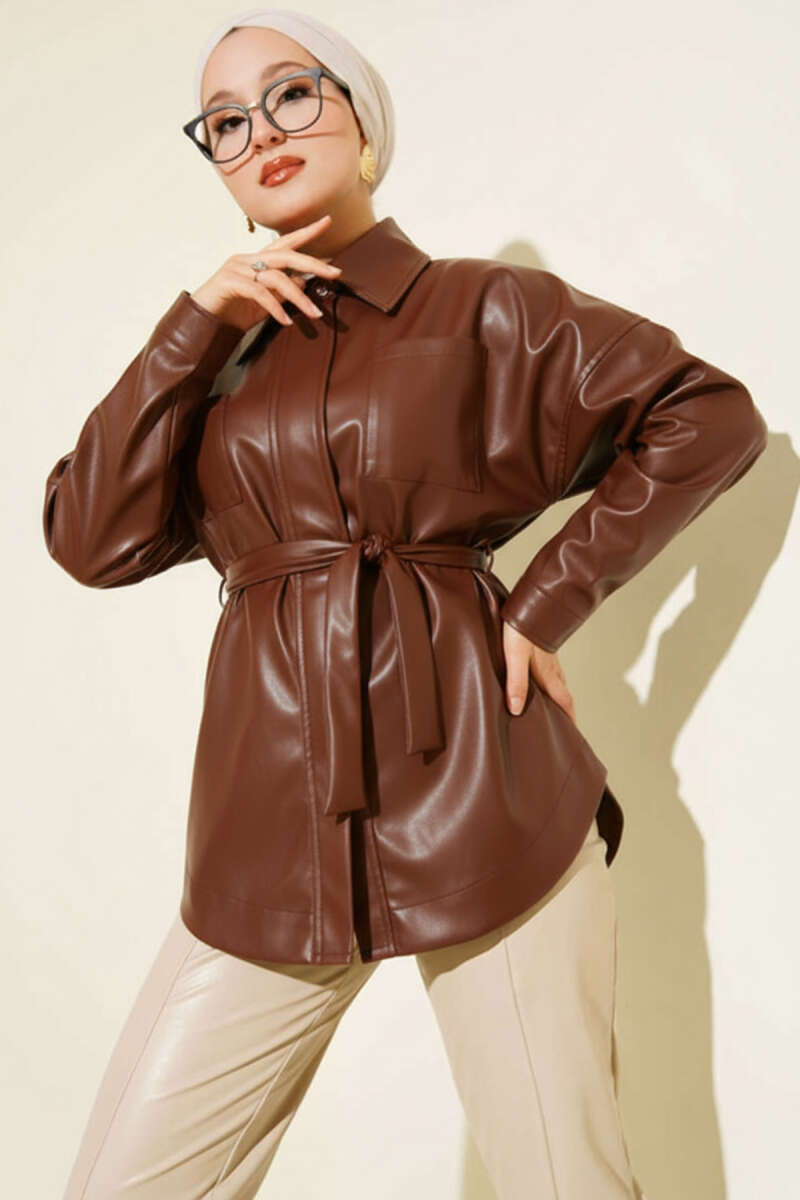 Shirt-Collar Faux Leather Jacket with Tie Belt - Brown