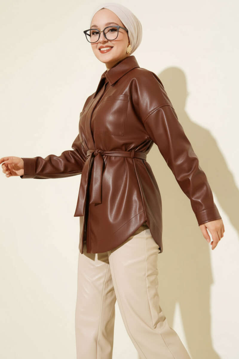 Shirt-Collar Faux Leather Jacket with Tie Belt - Brown