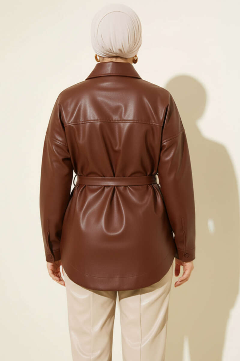 Shirt-Collar Faux Leather Jacket with Tie Belt - Brown