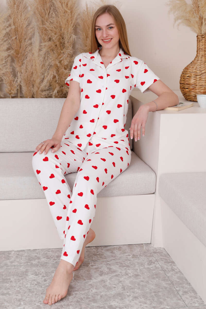 Shirt-Collar Heart Print Pyjama Set - White