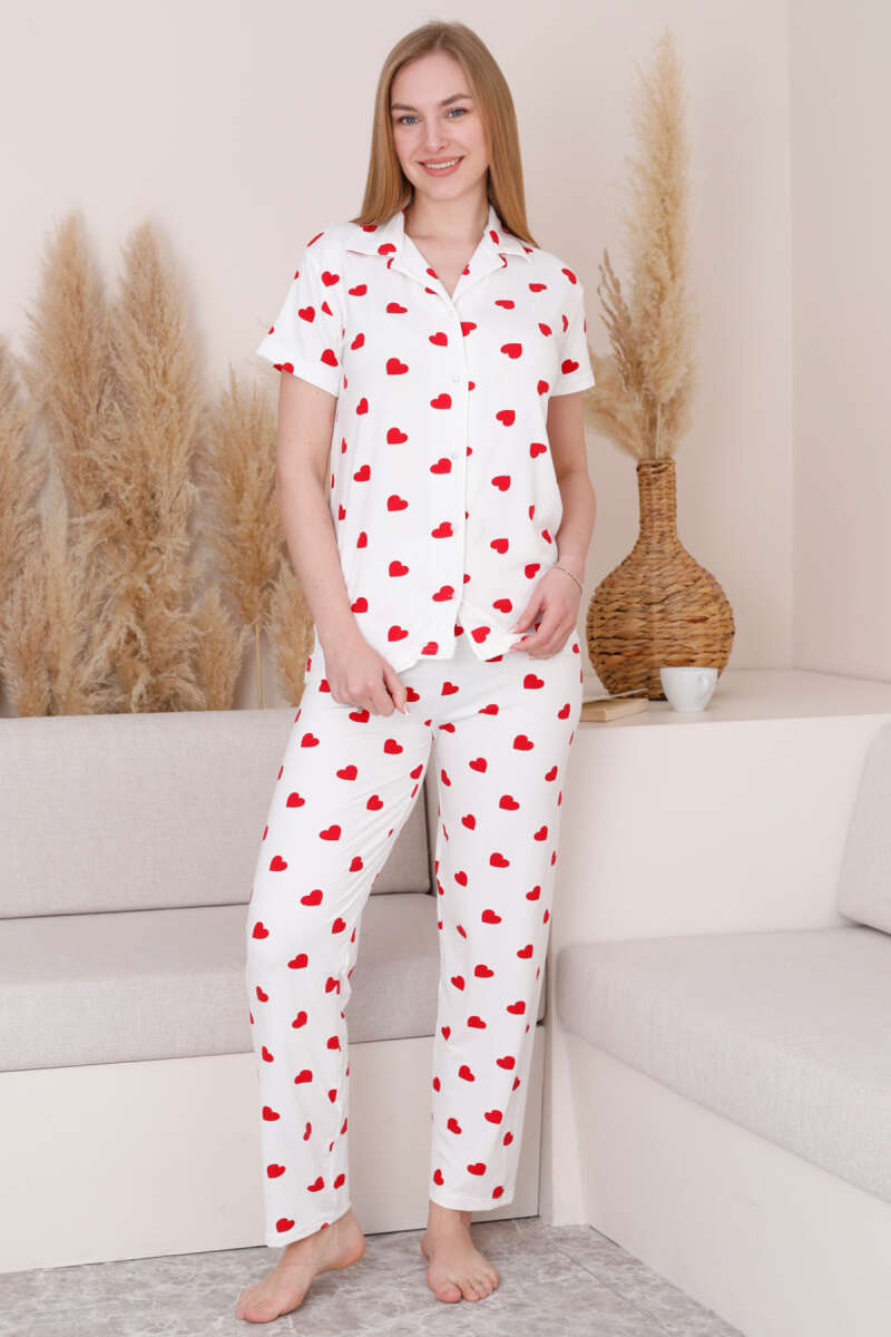 Shirt-Collar Heart Print Pyjama Set - White