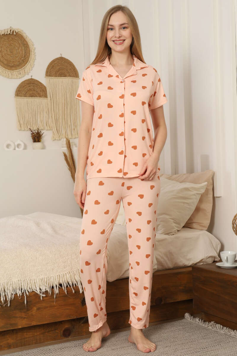 Shirt-Collar Heart Print Pyjama Set - Peach